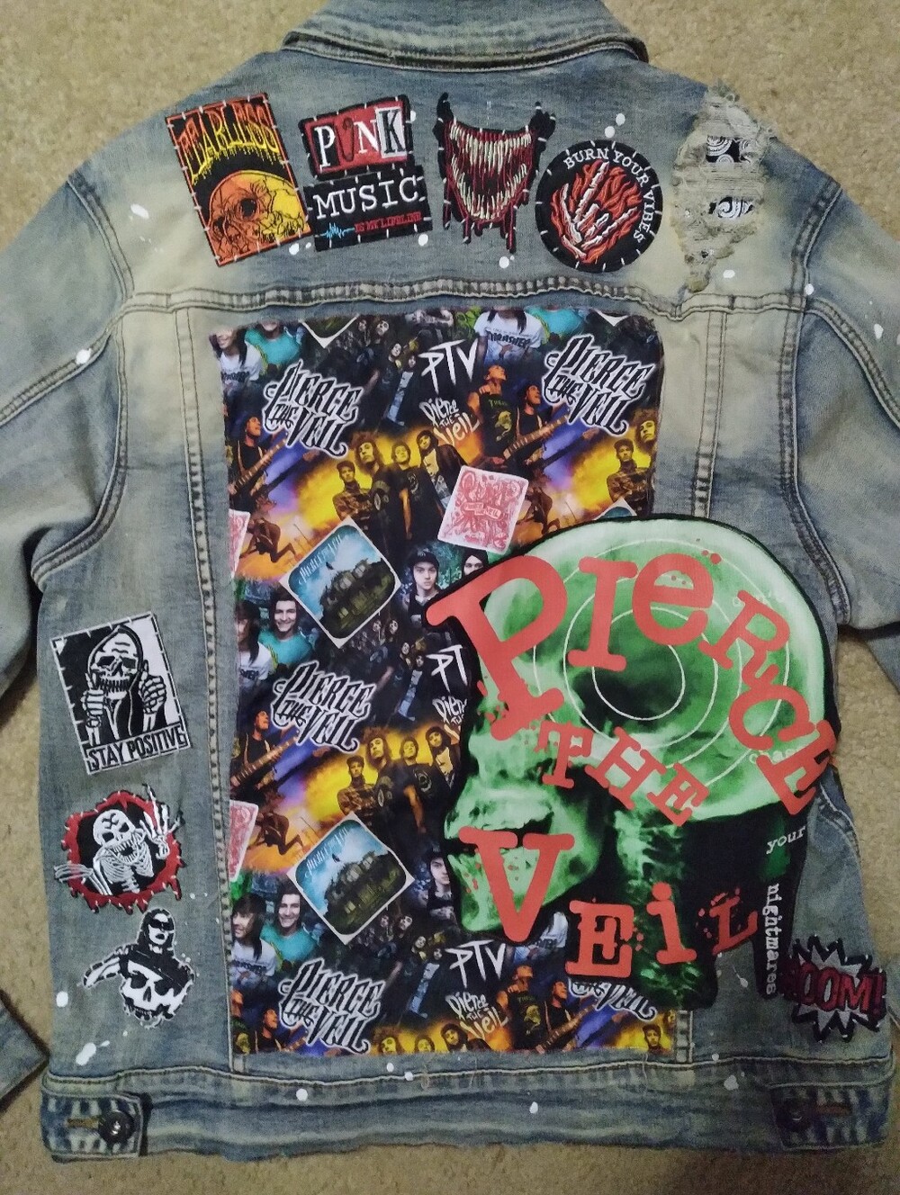 Upcycled Distressed Denim Jean Jacket W/ Custom PIERCE THE VEIL fabric And Patch